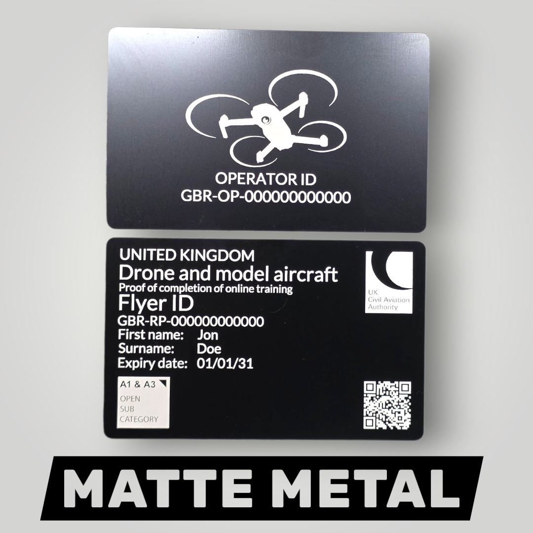 Matte Black Metal Drone Flyer ID Card – Laser Engraved Operator ID (Wallet Size)